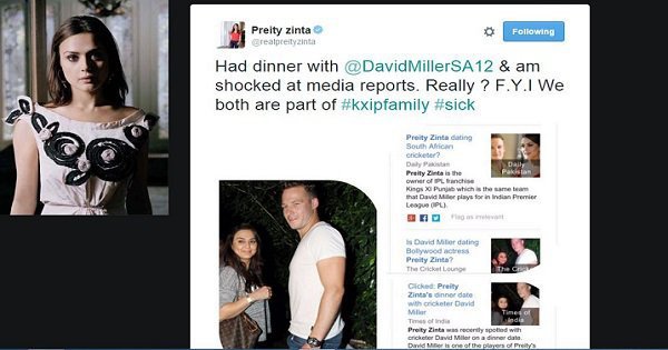 Preity Zinta Tweeted About Her Dinner With David Miller image image