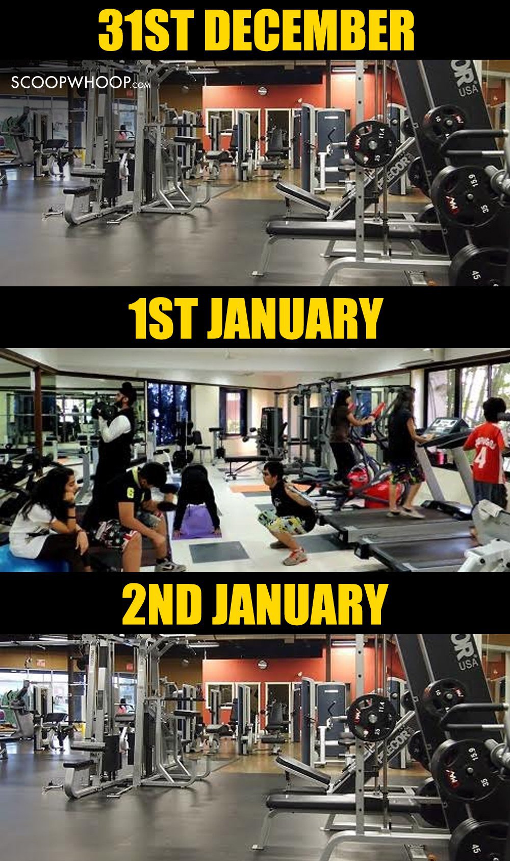 December 31 empty gym, January 1 full of people