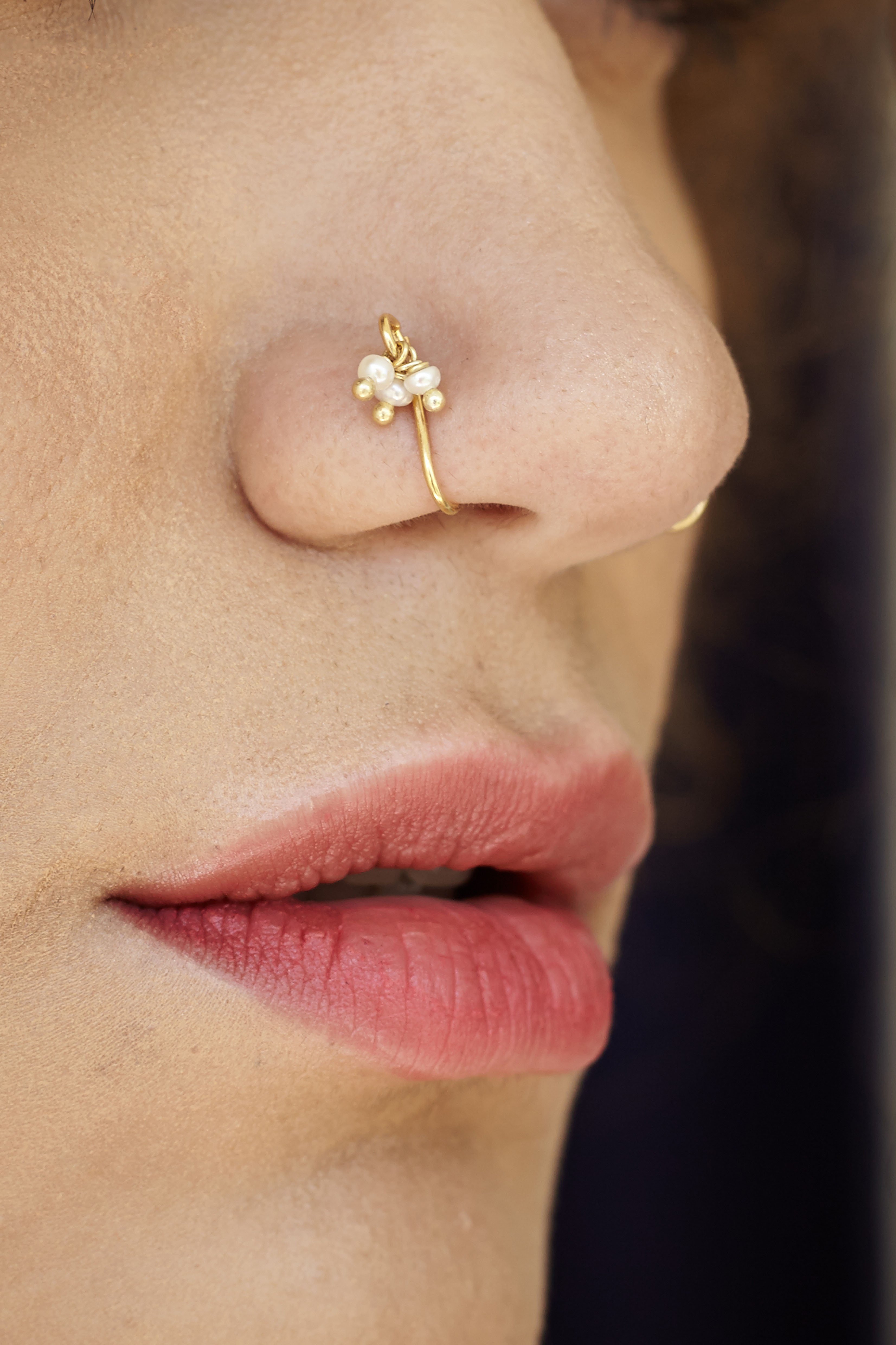Nose Ring for Women with Chain without Piercing | Gold Plated Kundan Pearl  Nathiya/Nath made From Alloy for Girls and Women