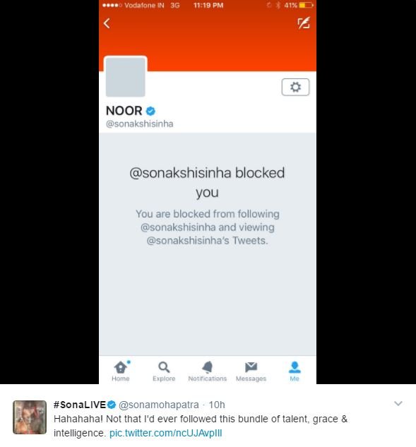 Singer Sona Mohapatra Displays A Screenshot After Sonakshi Sinha Blocks Her On Twitter