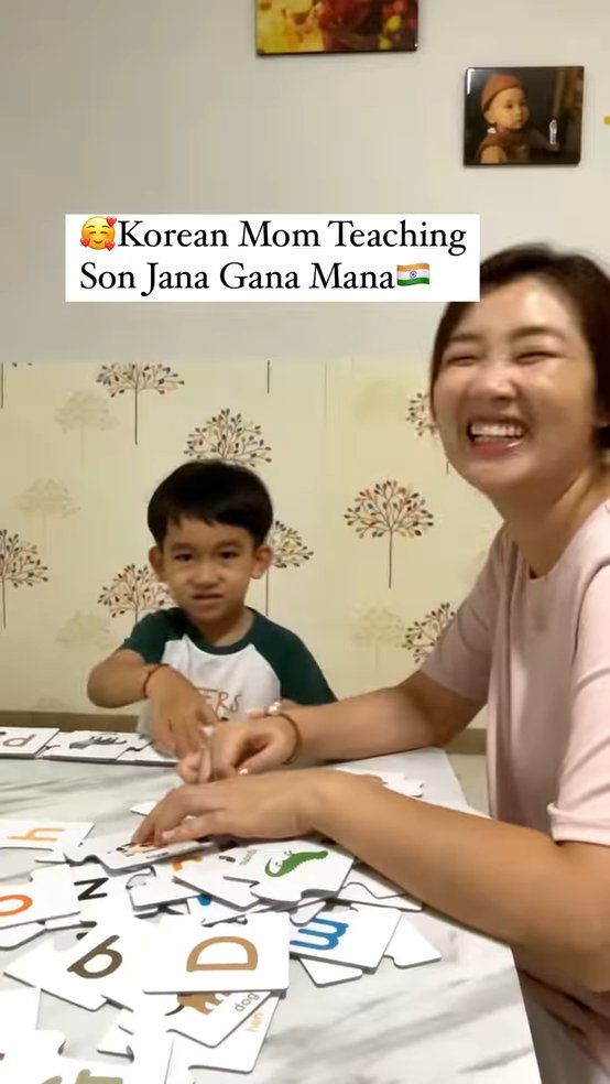 Korean mom teaching indian national anthem