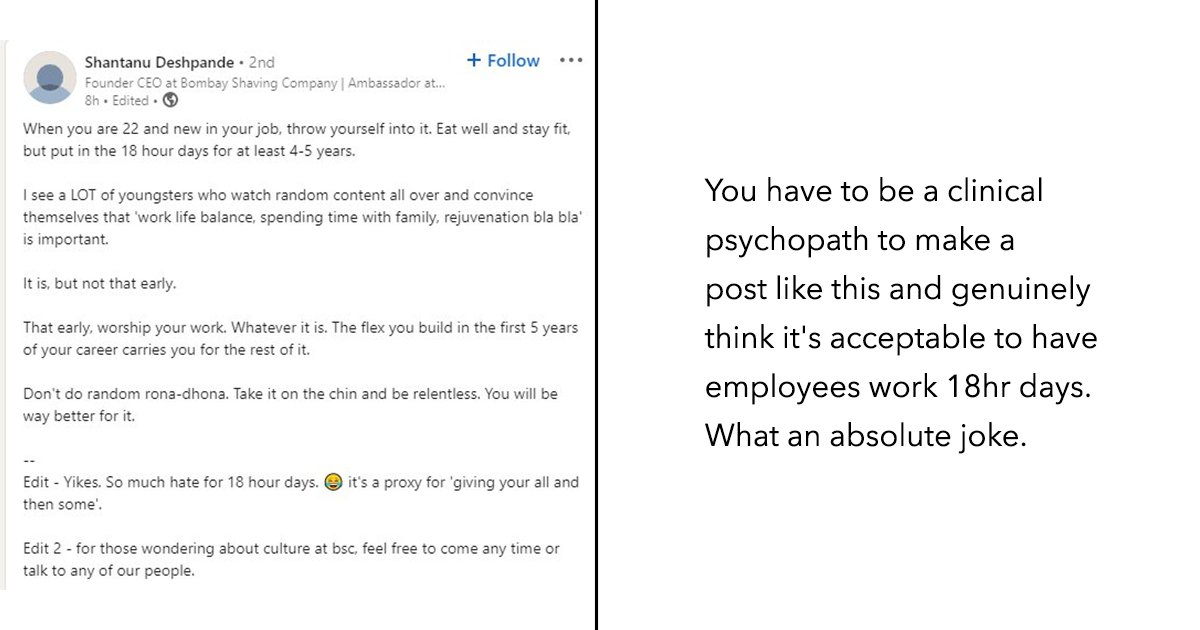 Ceo Asked Freshers To Work 18 Hours A Day Not Do Rona Dhona And Netizens Are Angry 