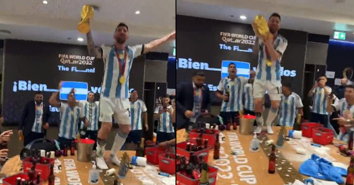 Lionel Messi Dancing On The Table With The World Cup Trophy