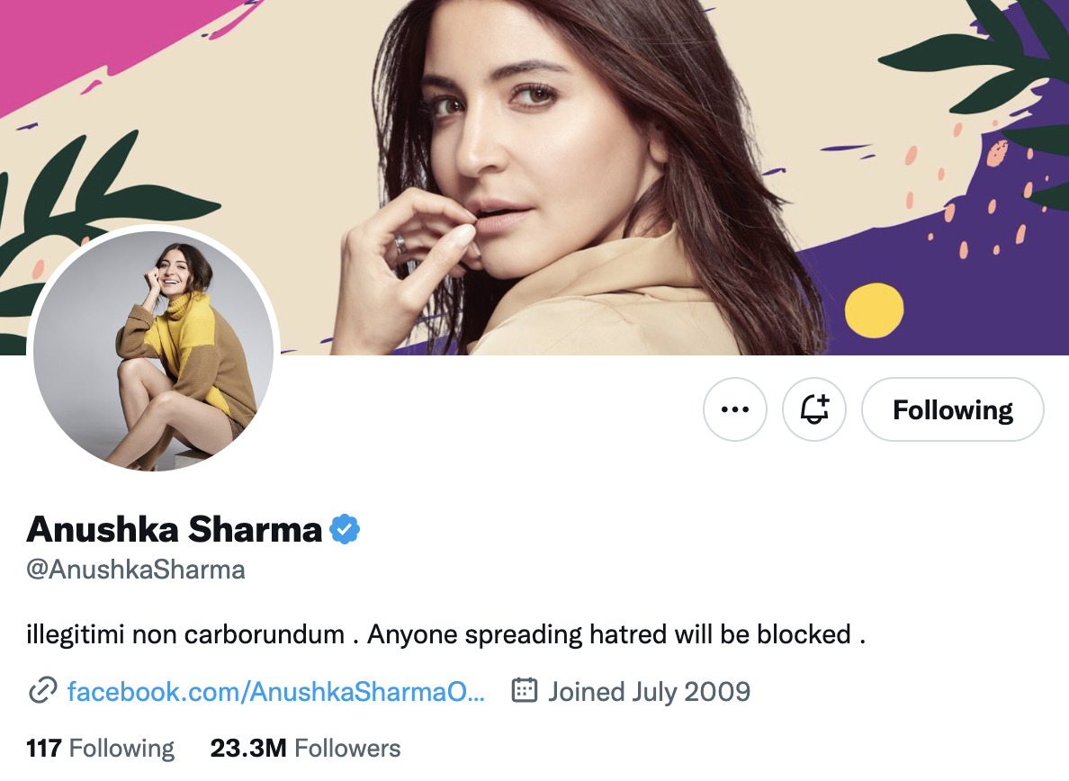 anushka sharma twitter bio