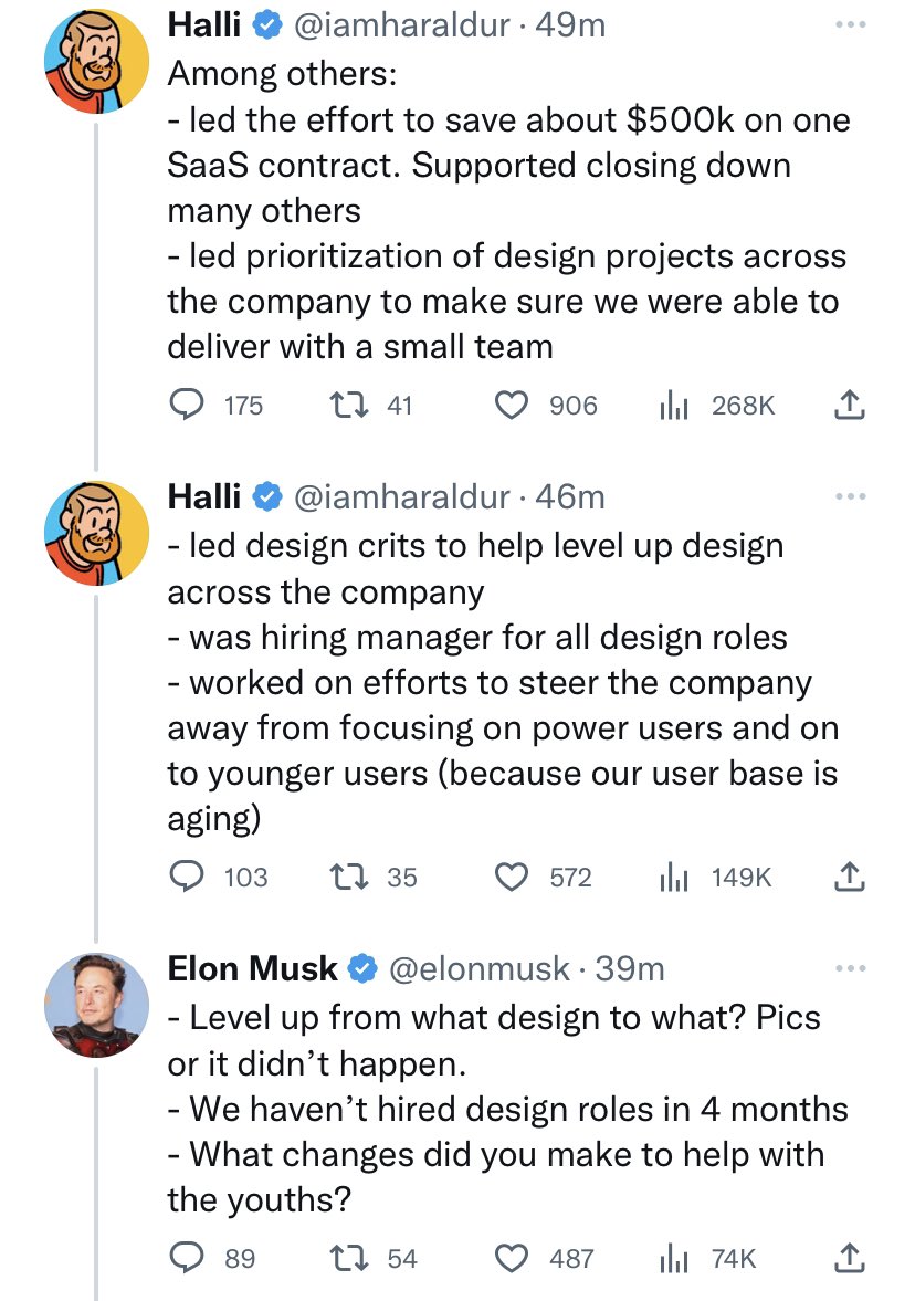 Elon Musk Halli Thorleifsson layoff Twitter exchange