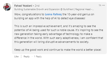 Leena Rafeeq AI App Ogler EyeScan LinkedIn announcement reactions