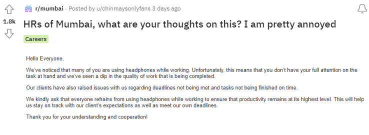 HR banning headphones email reddit