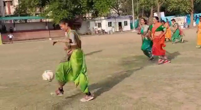 gwalior women playing football in saree