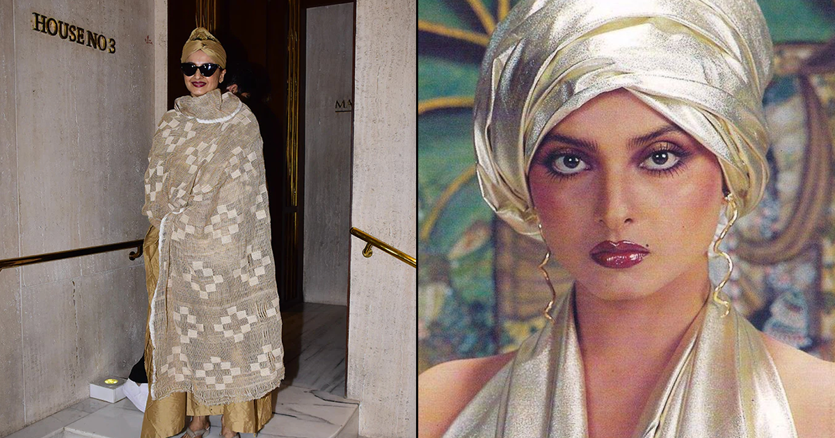 Rekha Dressed In A Golden Attire With A Gypsy Head Wrap