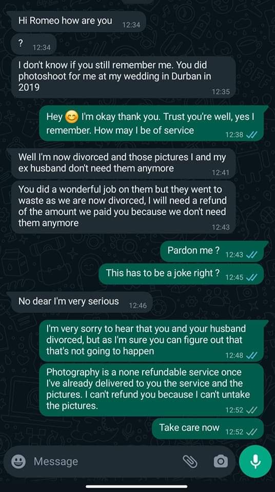 woman asks her 2019 wedding photographer for refund. He shared the screenshots on Twitter