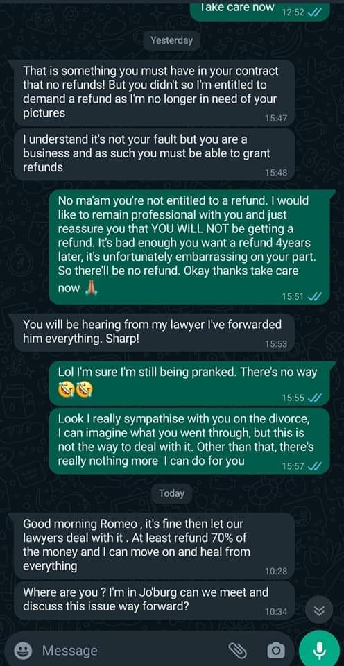 woman asks her 2019 wedding photographer for refund. He shared the screenshots on Twitter