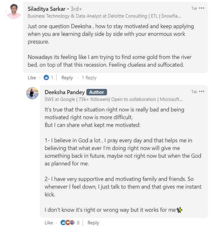 deeksha pandey's linkedin post comments