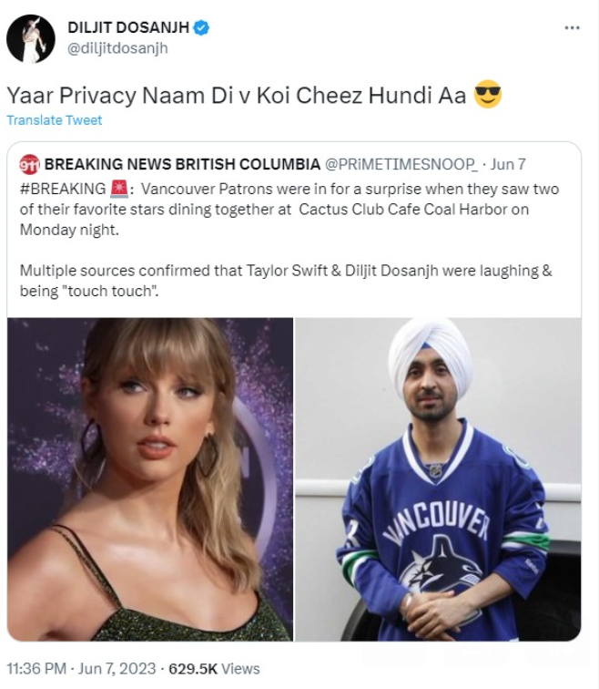 Tweet about Taylor Swift & Diljit