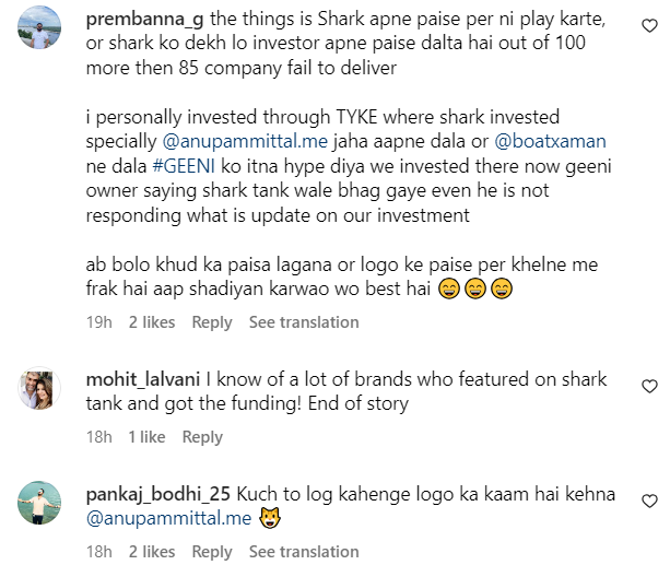 comments on anupam mittal's instagram post