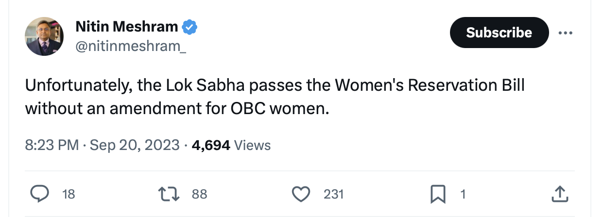 Women's Reservation Bill, Twitter