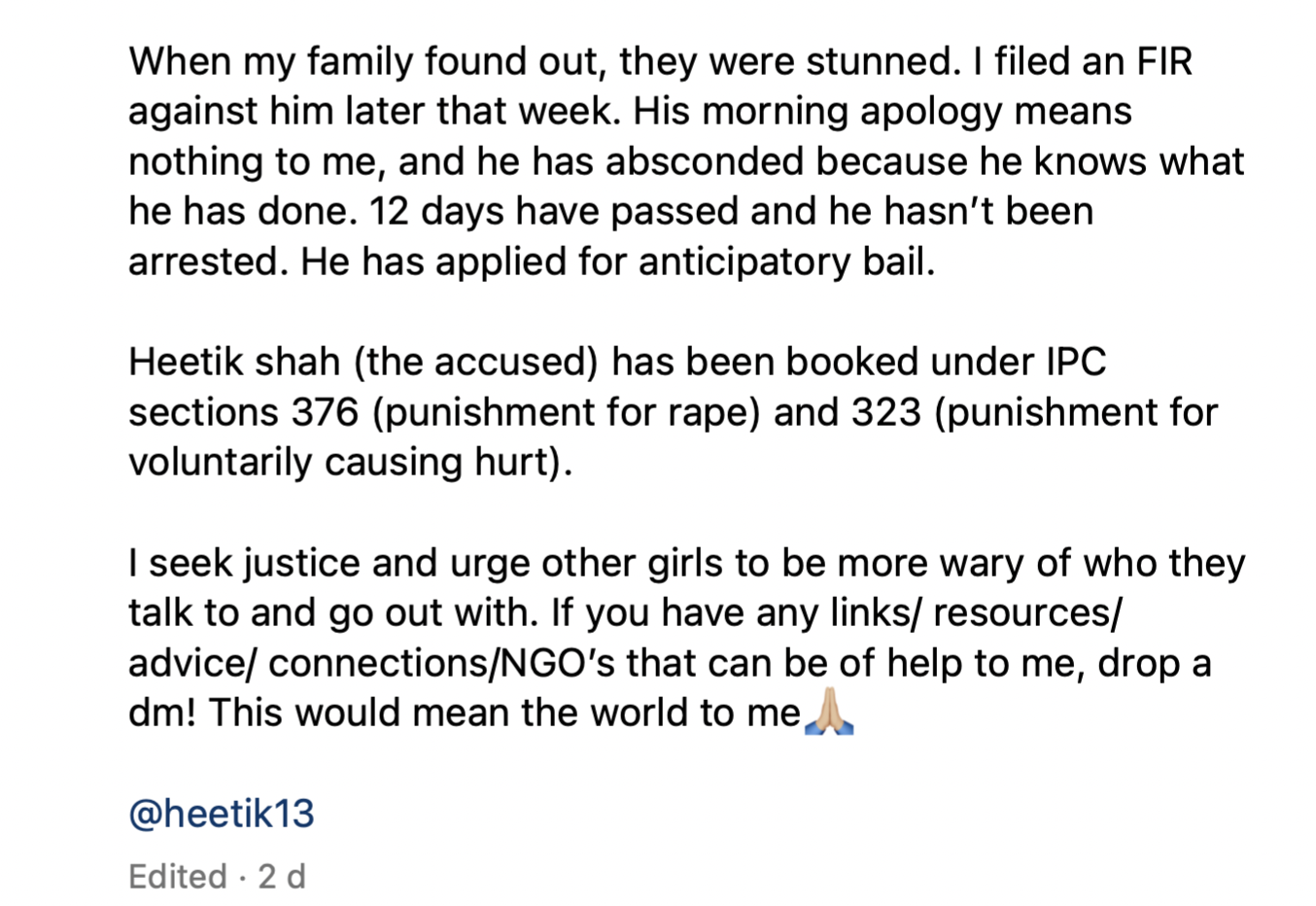 Heetik Shah, Rape, Roofied