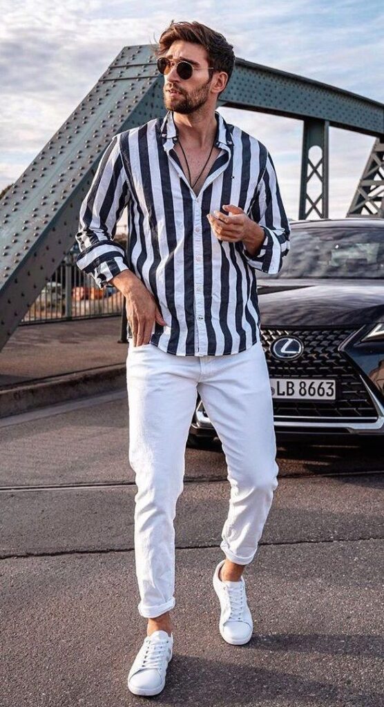 Black & White Striped Shirt with Beige Chinos