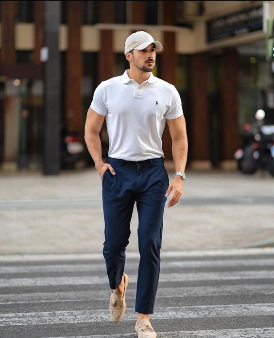 White Tee and Navy Blue Trousers