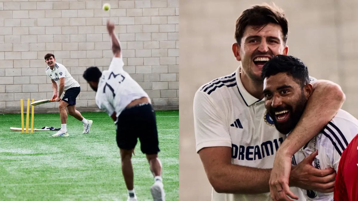 Harry Maguire faces a delivery from Mohammed Siraj