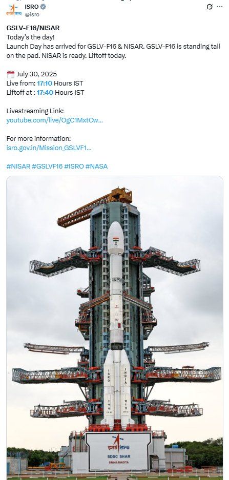 Press Trust of India on X: ISRO (@isro) posts, "GSLV-F16/NISAR...