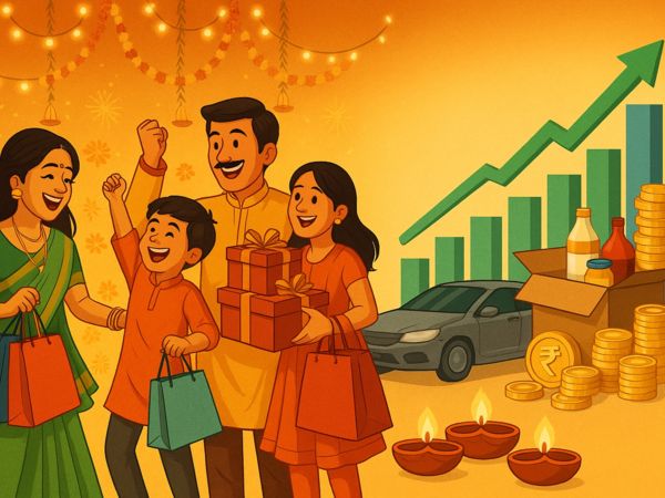 A family celebrating with shopping bags and gifts, candles lit, and a background of rising coins symbolizing GST savings.