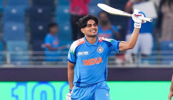 India’s Shubman Gill raises his bat after a Test win