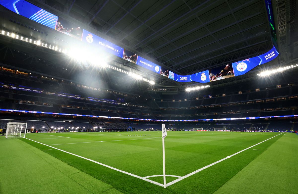 Panoramic shot of Santiago Bernabéu under the Champions League lights