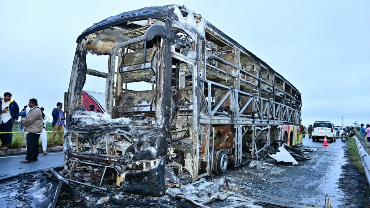 Charred remains of the bus show the scale of the disaster